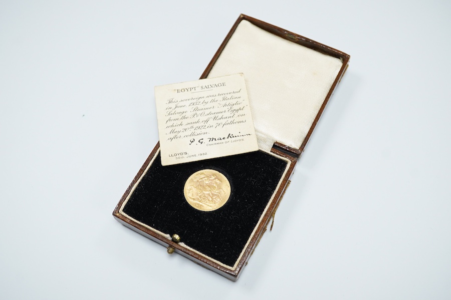 British gold coins, George V, gold sovereign, 1912, VF, in case with certificate stating the sovereign was recovered in June 1932 by the Italian salvage steamer ‘Artiglio’ from the P & O steamer ‘Egypt’ which sank off Us